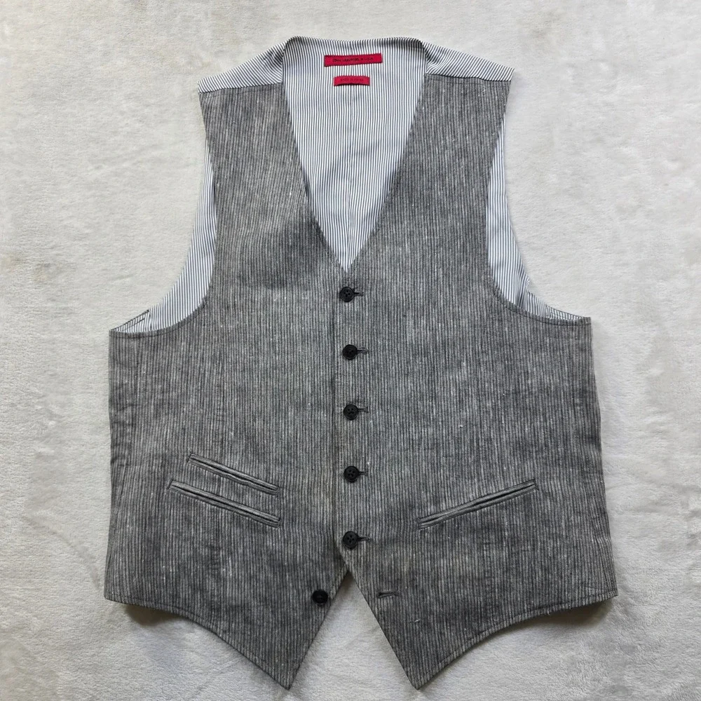 John Varvatos USA Vest Mens Small Grey White Pinstripe Linen Blend Waistcoat‎